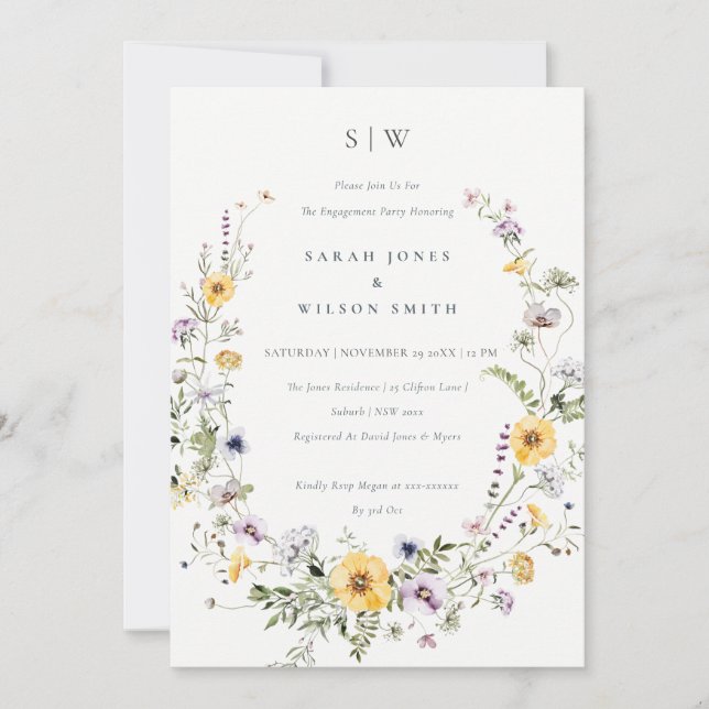 Yellow Lilac Wildflower Wreath Engagement Invite (Front)