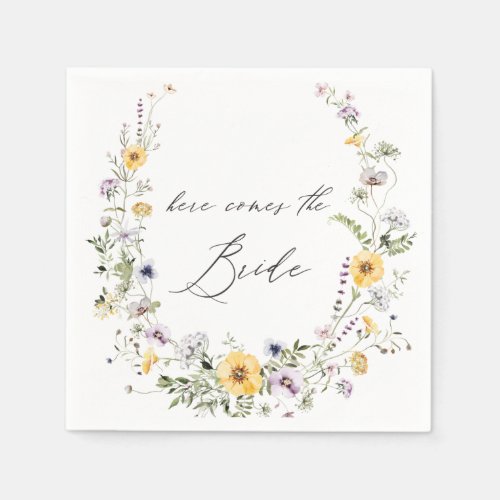 Yellow Lilac Wildflower Wreath Here comes Bride Napkins