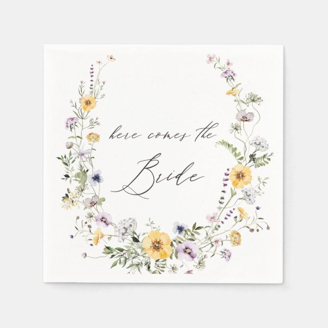 Yellow Lilac Wildflower Wreath Here comes Bride Napkins (Front)