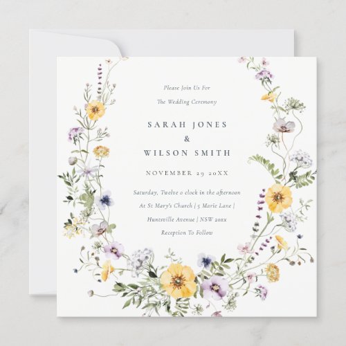 Yellow Lilac Wildflower Wreath Wedding Invite