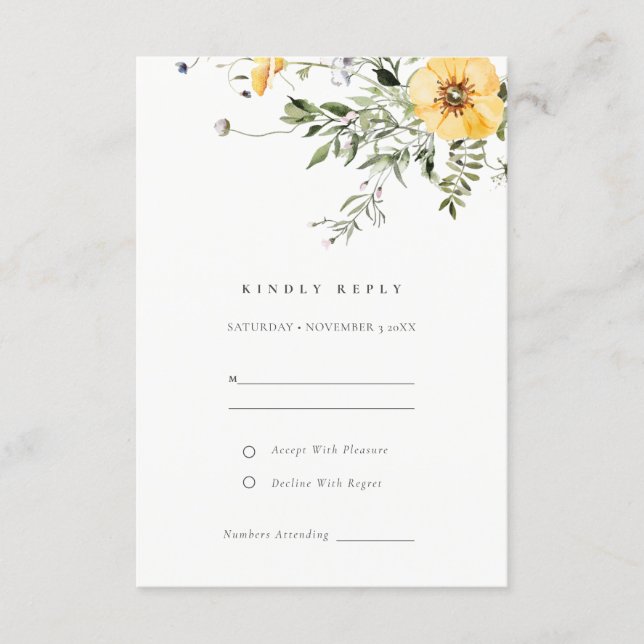Yellow Lilac Wildflower Wreath Wedding RSVP Enclosure Card (Front)