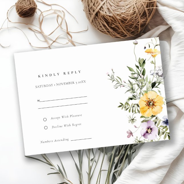Yellow Lilac Wildflower Wreath Wedding RSVP Enclosure Card (Creator Uploaded)