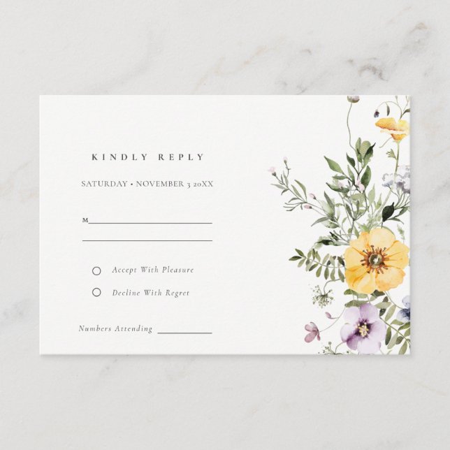 Yellow Lilac Wildflower Wreath Wedding RSVP Enclosure Card (Front)