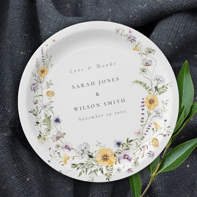 Yellow Lilac Wildflower Wreath Wedding Thank You Paper Plates (Creator Uploaded)