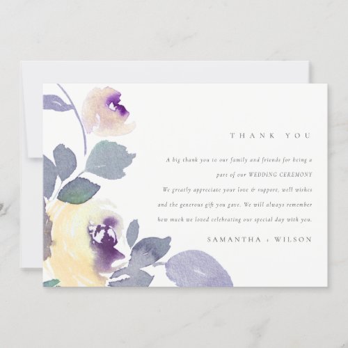 YELLOW LILIC PURPLE ROSE WATERCOLOR FLORAL WEDDING THANK YOU CARD
