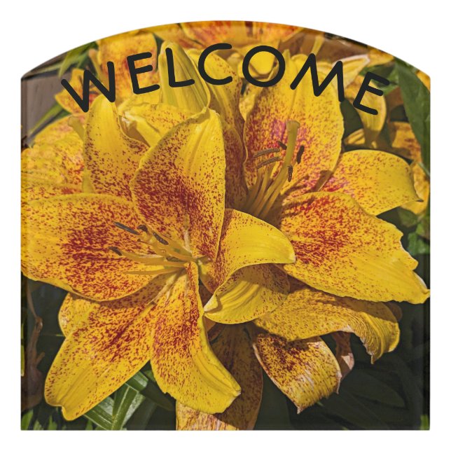 Yellow Lily Blooms Floral Welcome Door Sign (Contour Front)
