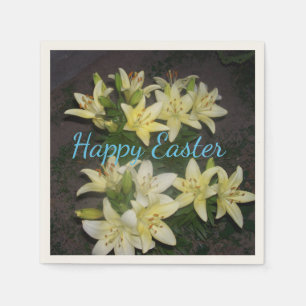 Yellow Lily Cluster Dark Background Happy Easter Napkins