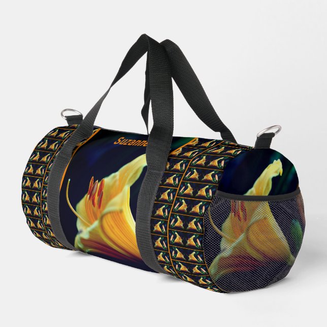 Yellow Lily Flower Abstract Personalized Duffle Bag (Right Corner)
