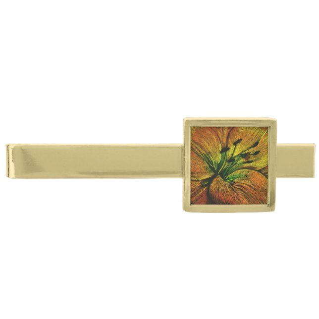 yellow lily painting in a quirky abstract gold finish tie clip (Front)