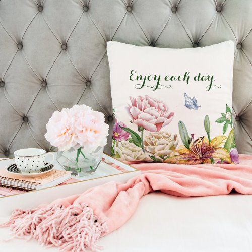 Yellow Lily Pink and White Peonies and Butterfly Throw Pillow