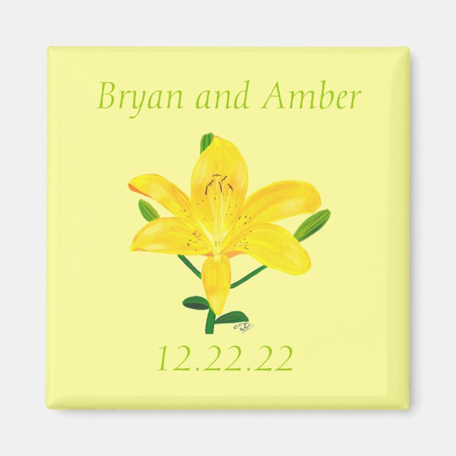 Yellow Lily Save the date Wedding Magnets (Front)