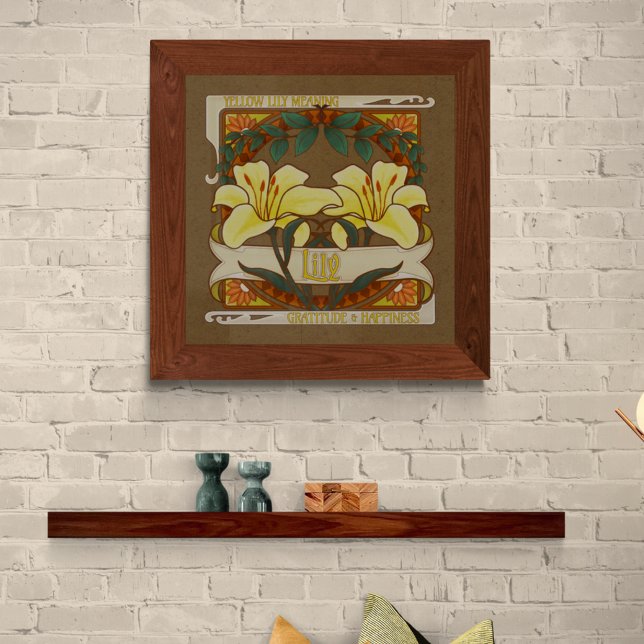 Yellow Lily Victorian Flower Gratitude Happiness Poster (Yellow Lily Flower Meaning Vintage Style Dark Background Poster - Gratitude and Happiness)