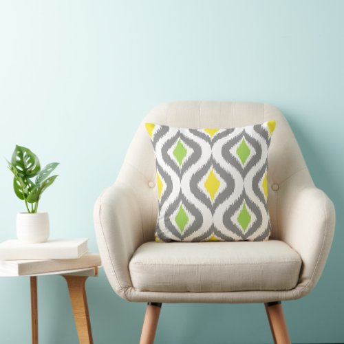 Yellow Lime Green Gray White Ikat Ogee Art Pattern Throw Pillow