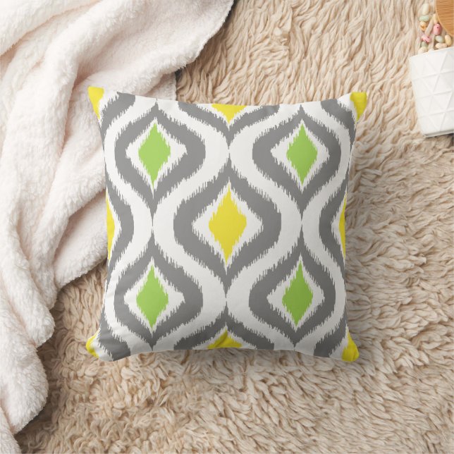 Yellow Lime Green Gray White Ikat Ogee Art Pattern Throw Pillow (Blanket)