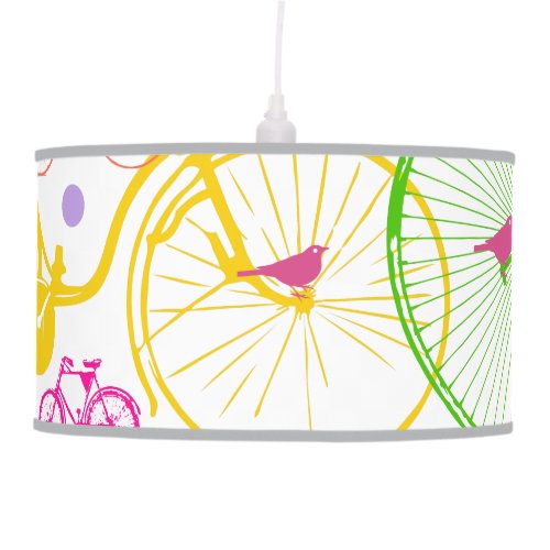 Yellow Lime Stylized Vintage Bicycle Pink Bird Ceiling Lamp