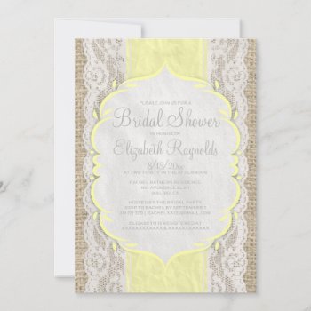 Yellow Linen Burlap Lace Bridal Shower Invitations by topinvitations at Zazzle