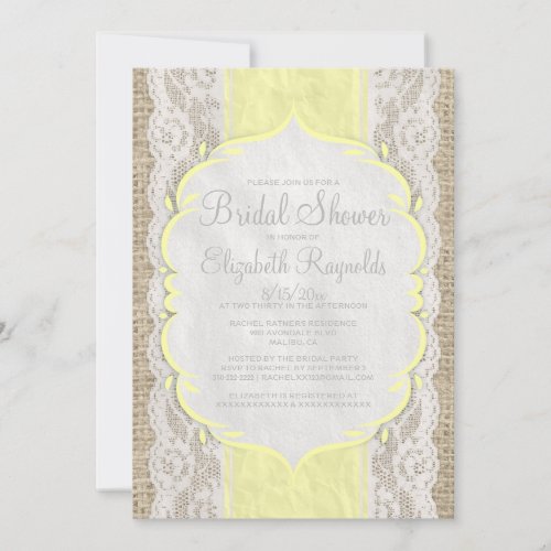 Yellow Linen Burlap Lace Bridal Shower Invitations