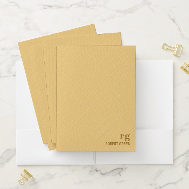 Yellow Linen Texture Modern Monogram Pocket Folder (In Situ)