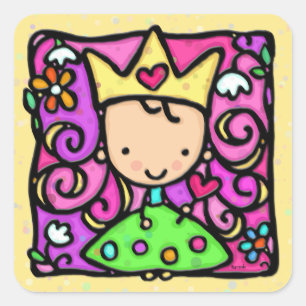 Yellow little girly princess golden crown heart square sticker