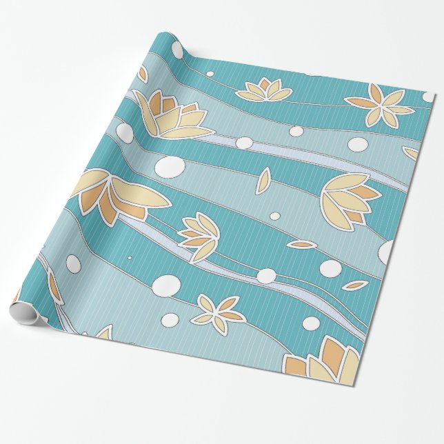 Yellow Lotus Flowers on Cyan Stripes Wrapping Paper (Unrolled)