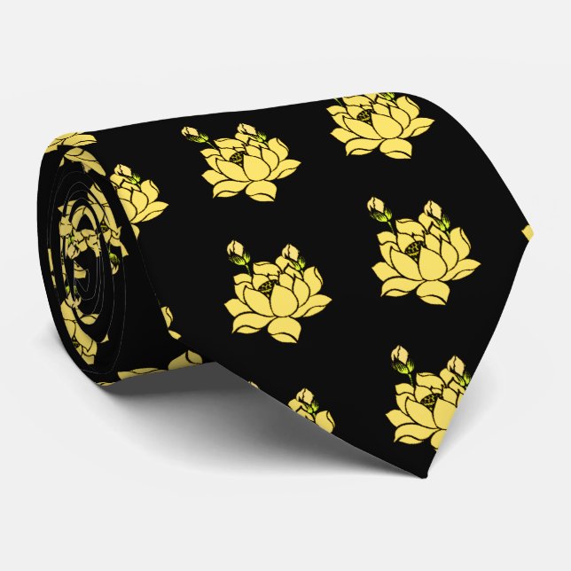 Yellow Lotus on Black Neck Tie (Rolled)