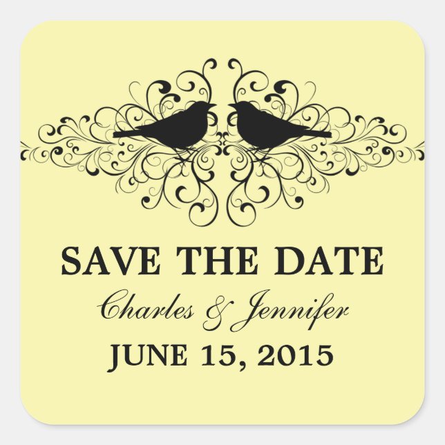 Yellow Love Bird Swirls Save the Date Stickers (Front)