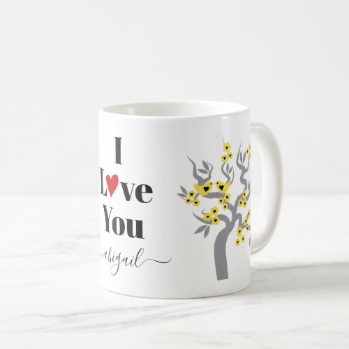 Yellow Love birds gray cherry tree with blossoms Coffee Mug
