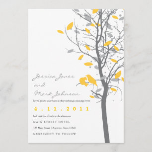 Yellow Love Birds in Tree with Gray Leaves Invitation