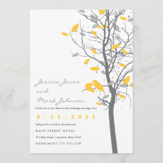 Yellow Love Birds in Tree with Gray Leaves Invitation
