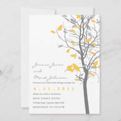 Yellow Love Birds in Tree with Gray Leaves Personalized Invitation