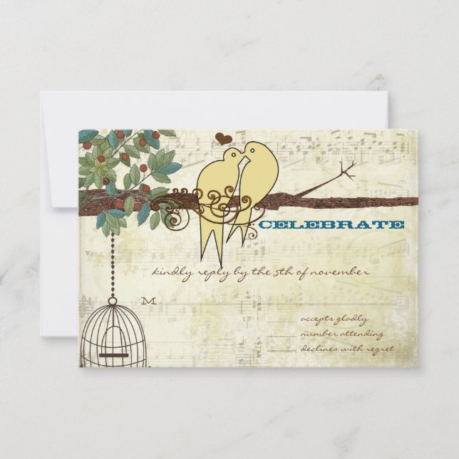 Yellow Love Birds Sitting In a Tree Wedding RSVP Invitation (Front)