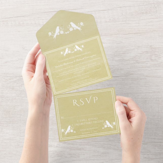 Yellow Lovebird Floral All in One Wedding Invite (Tearaway)