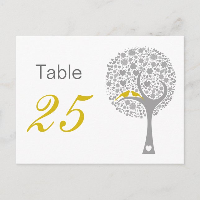 Yellow Lovebirds Whimsical Wedding table numbers (Front)