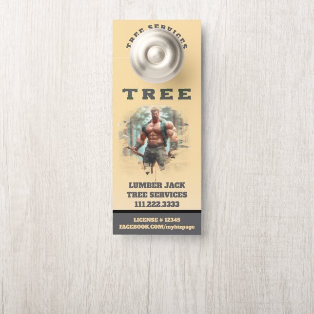*~* Yellow Lumber Jack TREE  Services QR Door Hanger (On Knob)