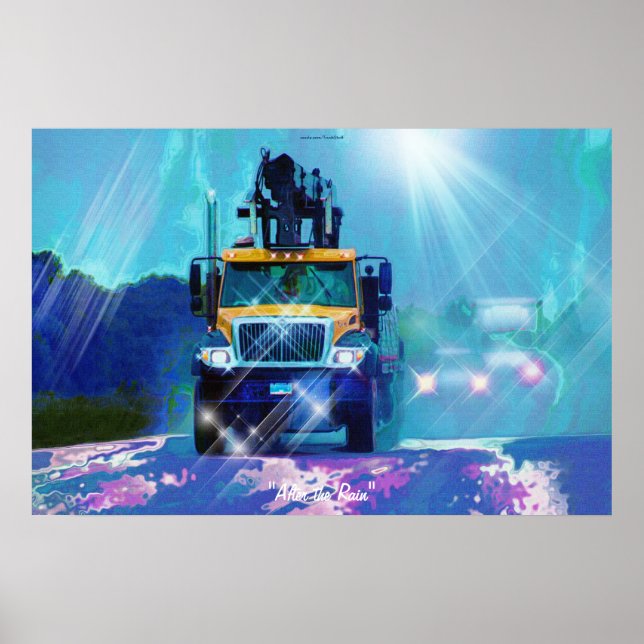Yellow Lumber Truck in Rain Art Poster (Front)