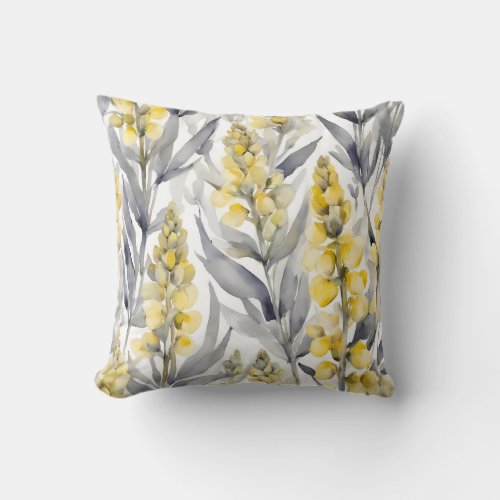 Yellow Lupin Flowers And Gray Watercolor Floral  Throw Pillow