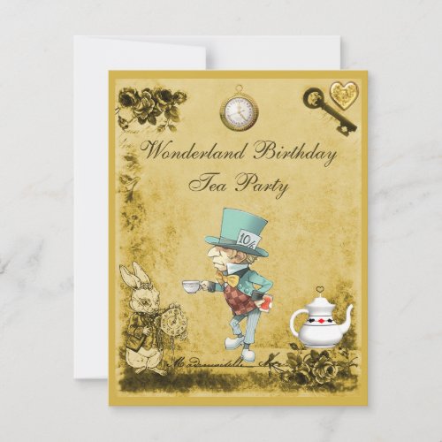 Yellow Mad Hatter Wonderland Birthday Tea Party Invitation