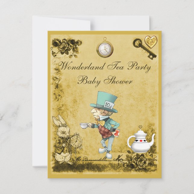 Yellow Mad Hatter Wonderland Tea Party Baby Shower Invitation (Front)
