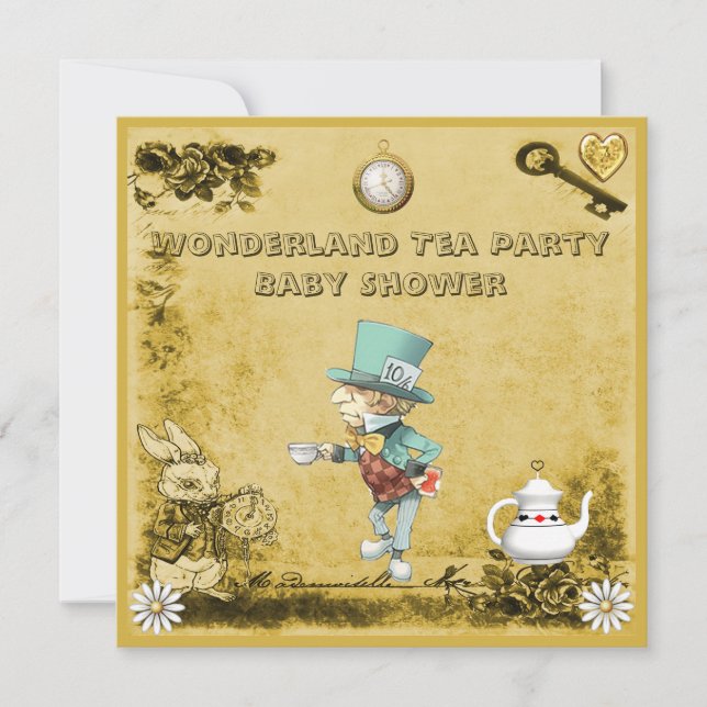Yellow Mad Hatter Wonderland Tea Party Baby Shower Invitation (Front)