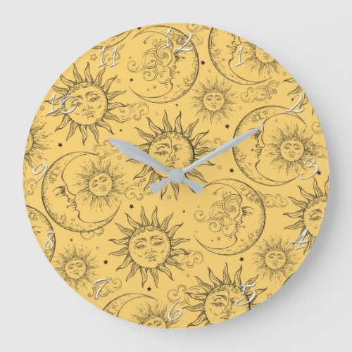 Yellow Magic Vintage Celestial Sun Moon Stars Large Clock