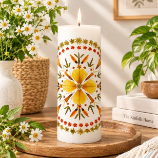 Yellow Mandala Pressed Flower From Original Art Pillar Candle