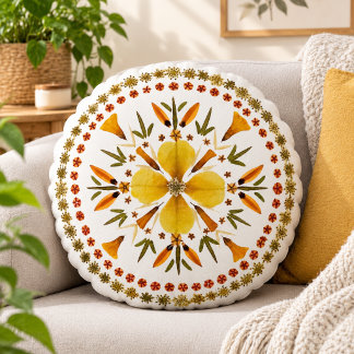 Yellow Mandala Pressed Flower From Original Art Round Pillow