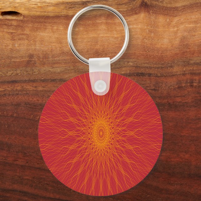 Yellow mandala rays on red keychain (Front)