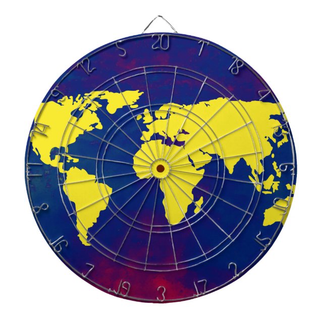 yellow map of the world dartboard with darts (Front)