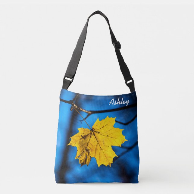 Yellow Maple Leaf On Blue Crossbody Bag (Front)