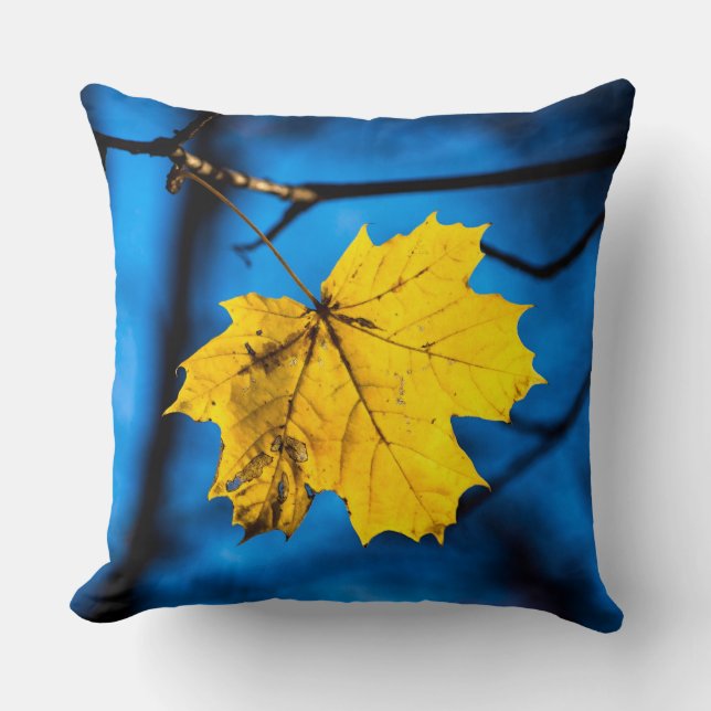 Yellow Maple Leaf On Blue Throw Pillow (Front)