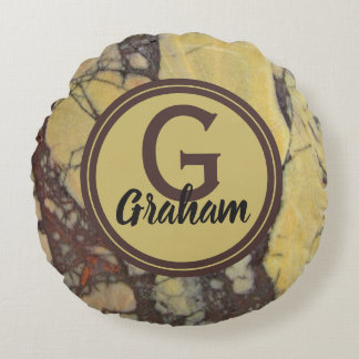 Yellow Marble Pattern Monogram Family Initial Round Pillow