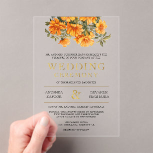 Yellow Marigold Floral South Indian Wedding Acrylic Invitations