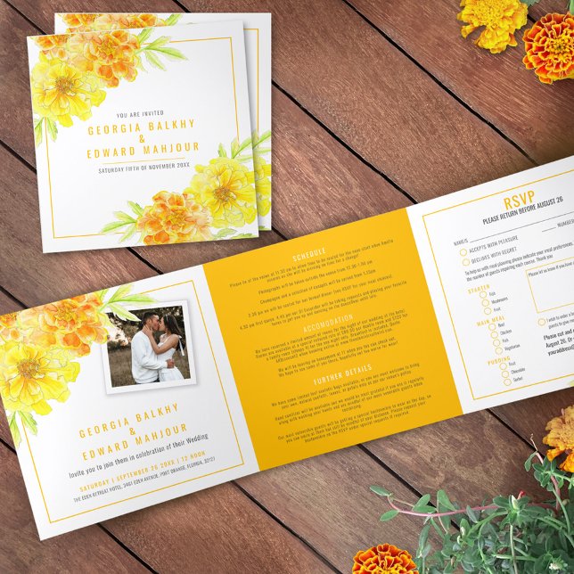 Yellow marigold flowers watercolor wedding Tri-Fold program (Creator Uploaded)