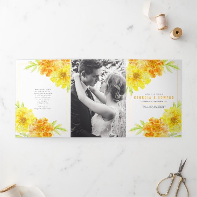 Yellow marigold flowers watercolor wedding Tri-Fold program (Outside)